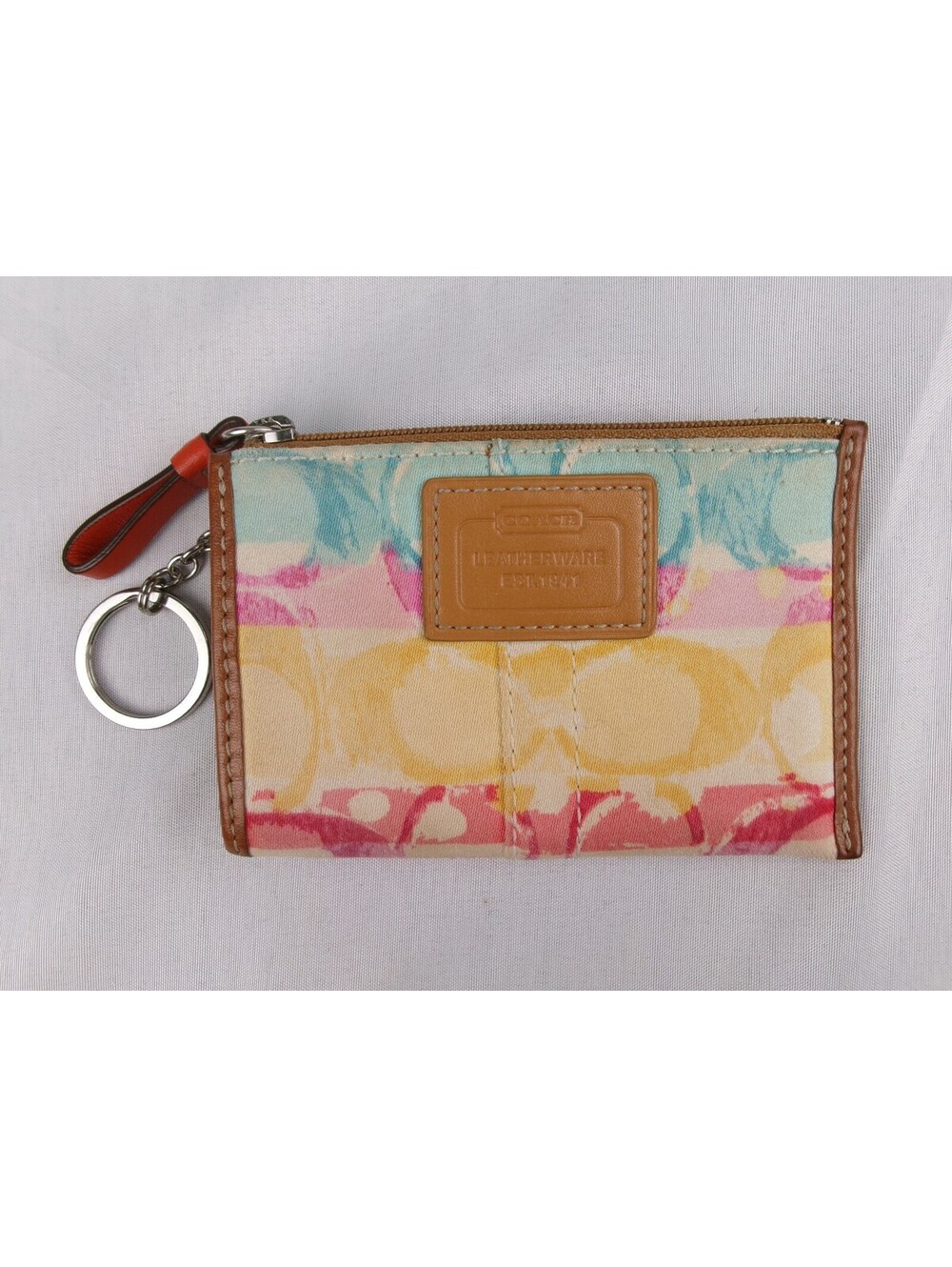 Authentic Coach Mini Skinny Coin Purse Card Case Key Ring Multicolor Signature
